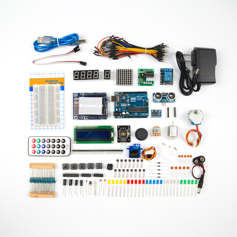 Дополненный набор Arduino UNO R3 DIP с фирменным логотипом батарейкой крона 9В и блоком питаниия под американскую розетку